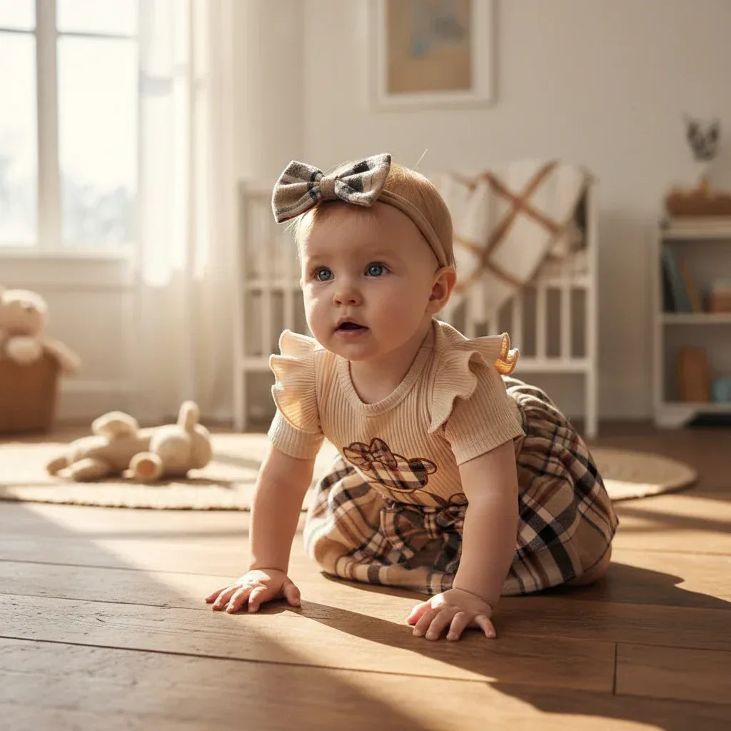 HoneyBear™ Baby Girl Gingham Romper | Teddy Embroidery & Bow Detail - bebeika