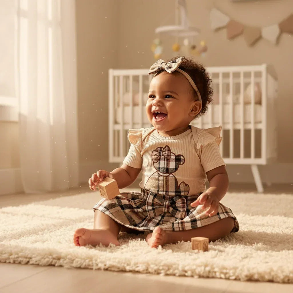 HoneyBear™ Baby Girl Gingham Romper | Teddy Embroidery & Bow Detail - bebeika