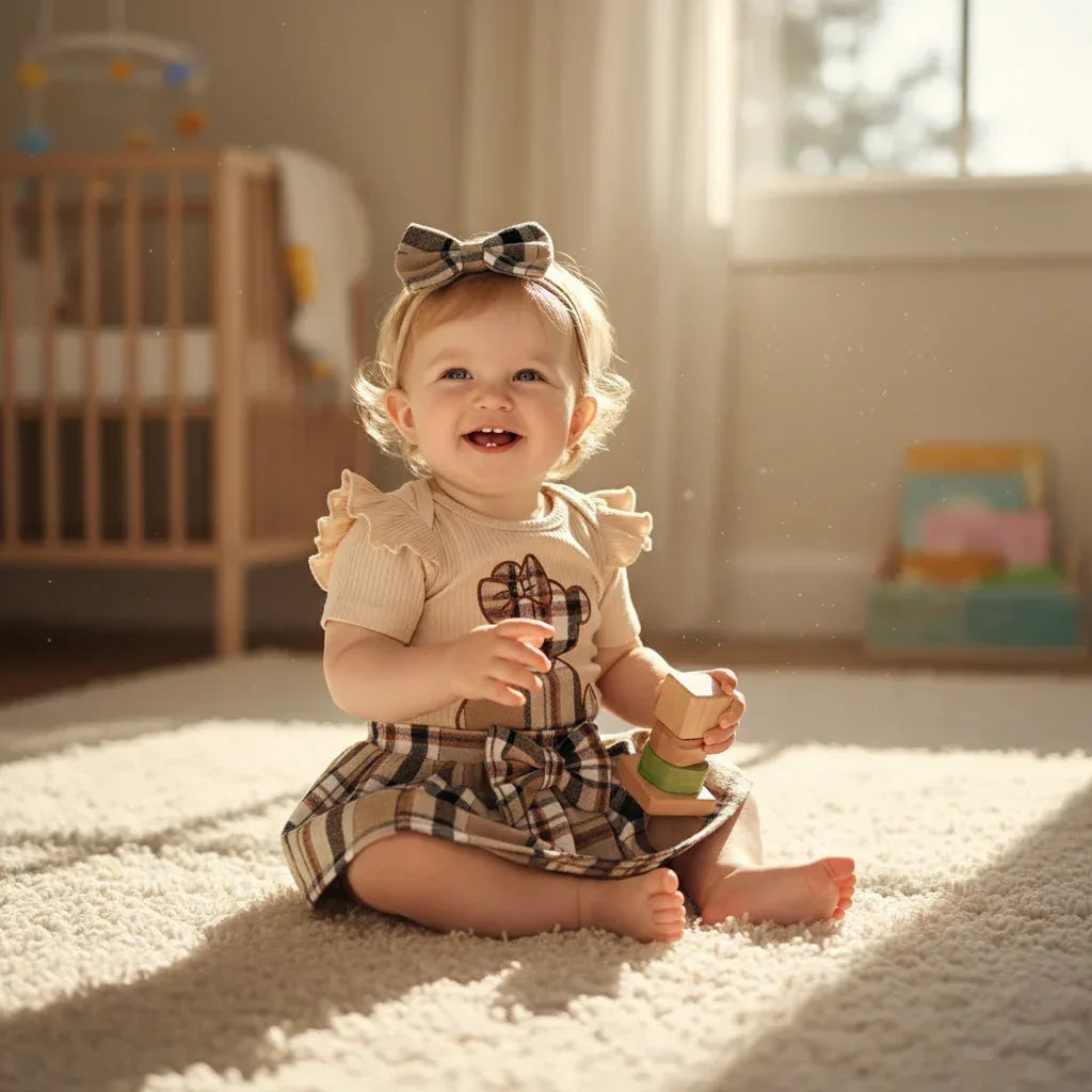 HoneyBear™ Baby Girl Gingham Romper | Teddy Embroidery & Bow Detail - bebeika