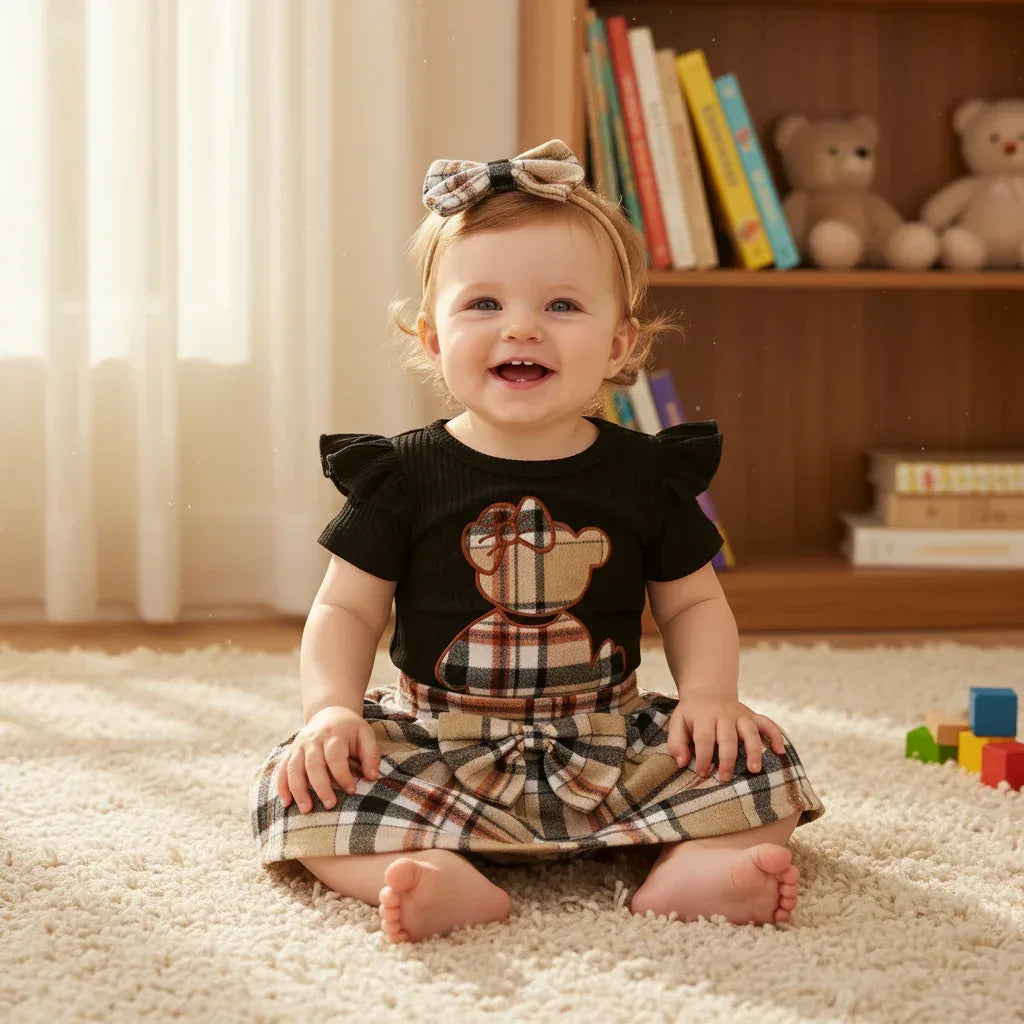 HoneyBear™ Baby Girl Gingham Romper | Teddy Embroidery & Bow Detail - bebeika