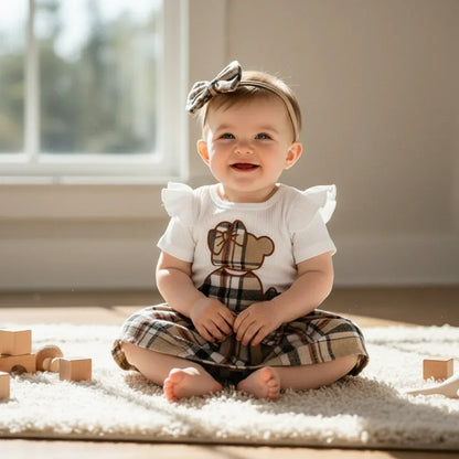 HoneyBear™ Baby Girl Gingham Romper | Teddy Embroidery & Bow Detail - bebeika