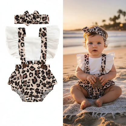 WildHeart™ Baby Leopard Romper | Ruched Sleeveless Jumper & Headband Set - bebeika