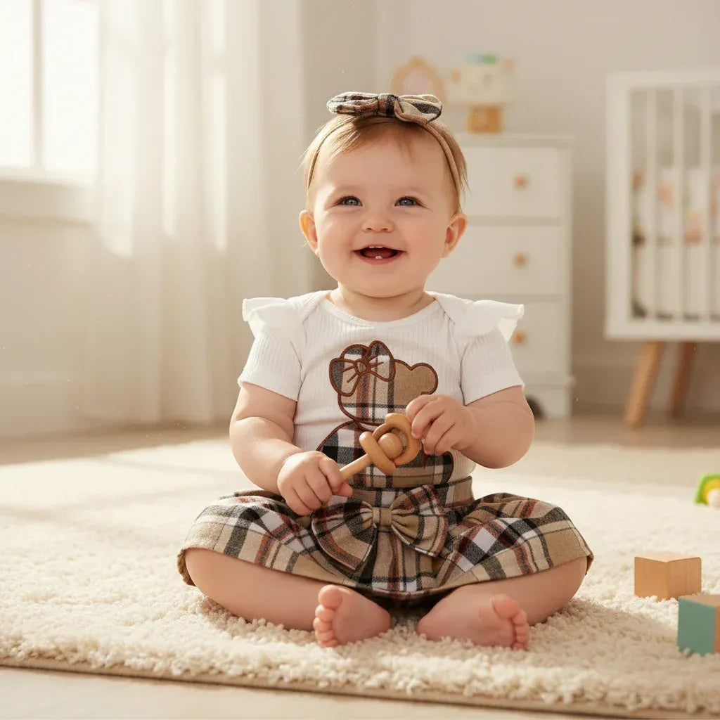 HoneyBear™ Baby Girl Gingham Romper | Teddy Embroidery & Bow Detail - bebeika