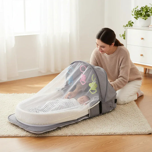 NomadNest™ Foldable Baby Travel Bed | Portable Sleeping Pod with Mosquito Net & Toys - bebeika