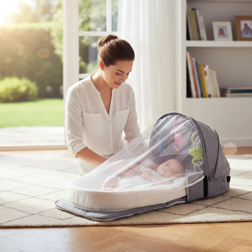 NomadNest™ Foldable Baby Travel Bed | Portable Sleeping Pod with Mosquito Net & Toys - bebeika