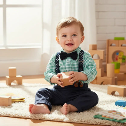 StarGazer™ Boys' 4-Piece Set | Gingham Button-Down & Suspender Trousers - bebeika